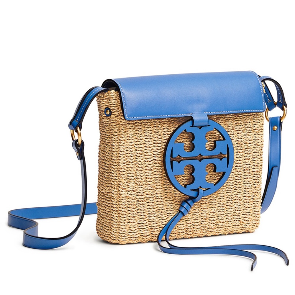 Tory Burch Miller Straw Crossbody Bag Blue NWT